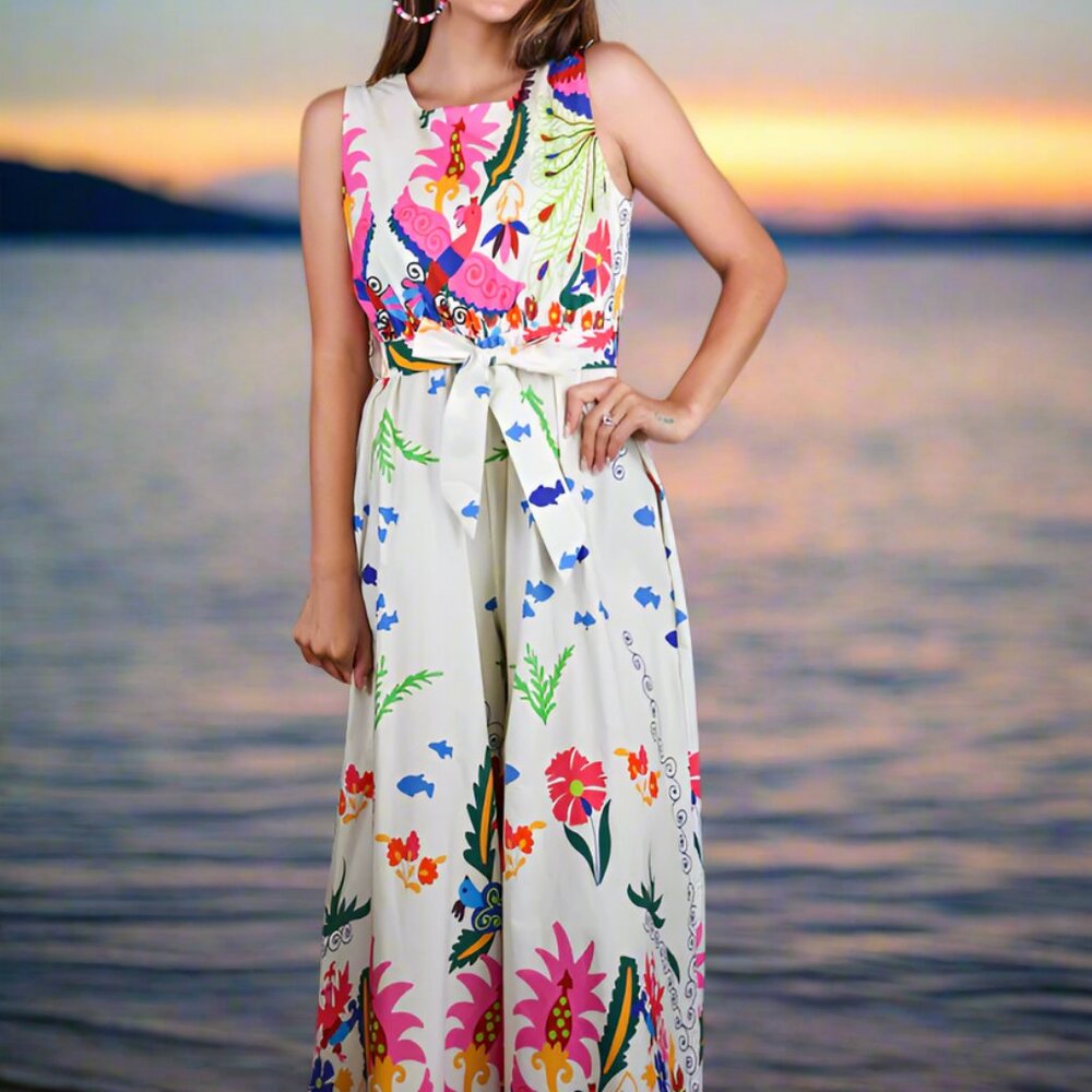 NWT Zenara Woman Tropical Print Sleeveless Cotton Jumpsuit with Self-Tie Belt